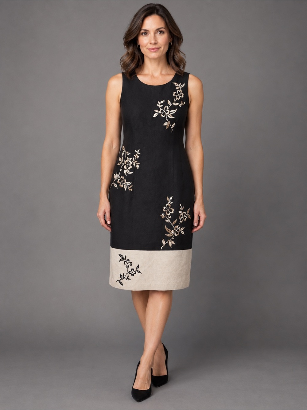Maggy London Linen Rayon Embroidered Shift Dress Black Beige Size 8